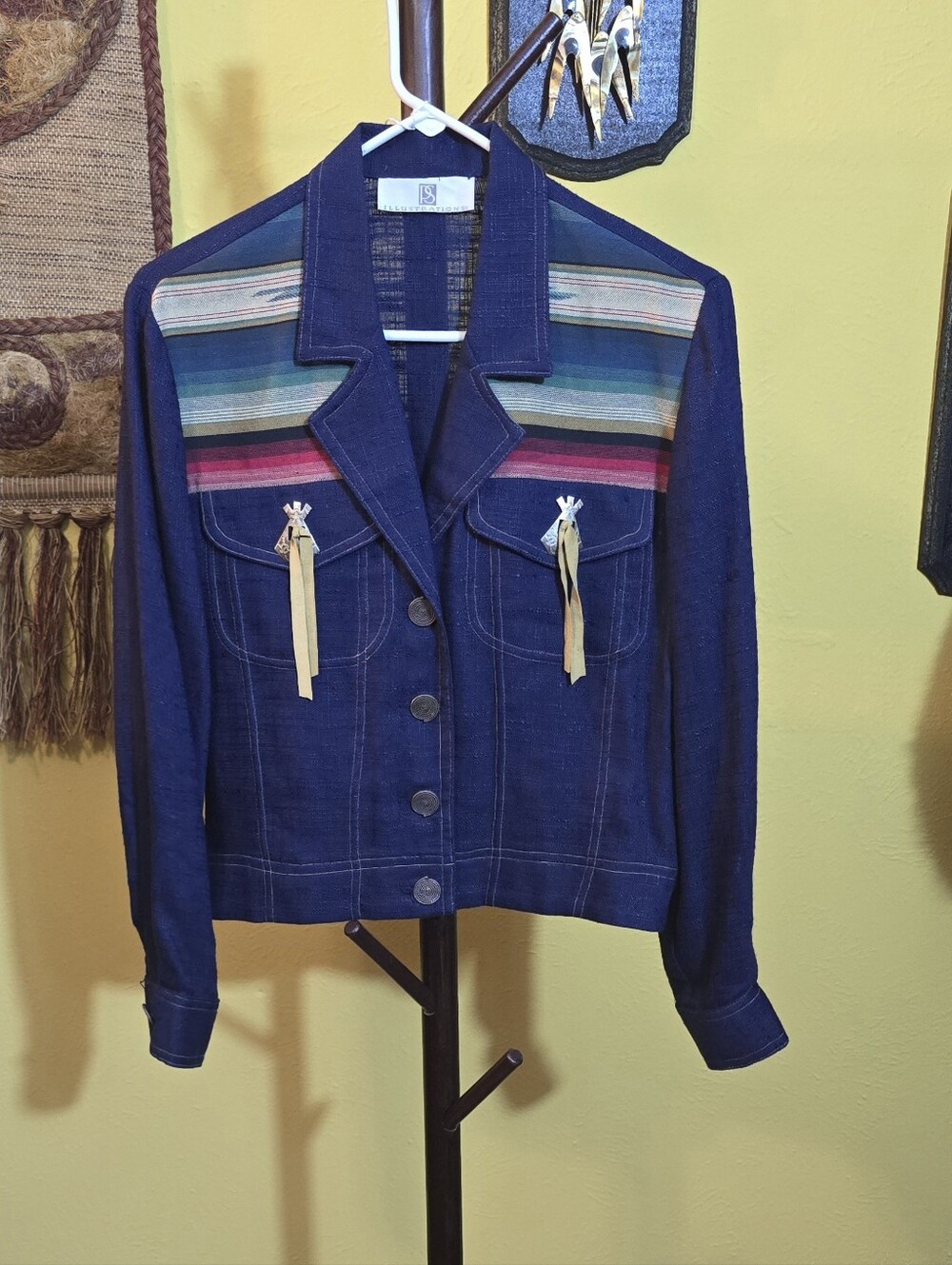 Illusrations 90s Women’s Indigo Denim Jacket Southwestern Stripe Accents Sz M